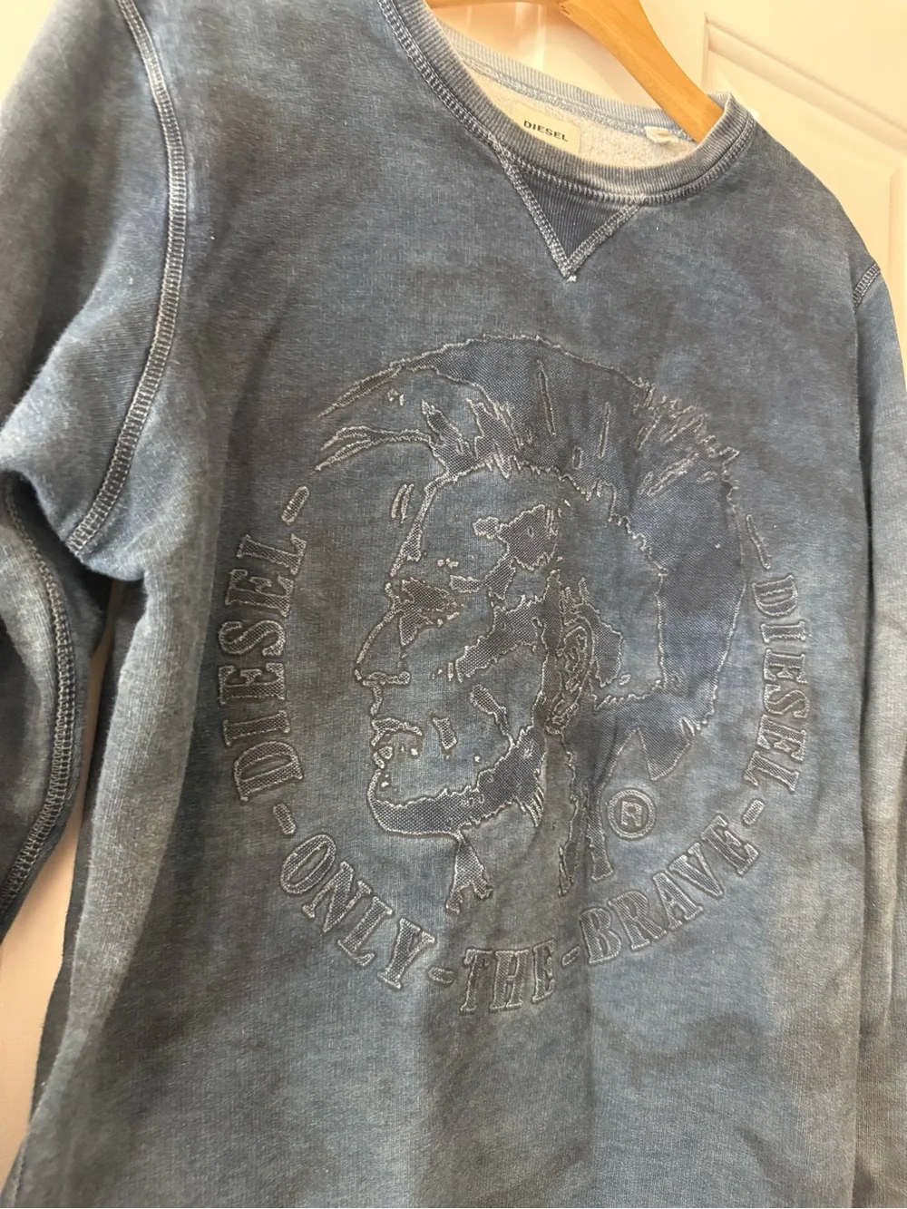 Diesel Men's Washed Indigo Embossed Logo Crewneck. 